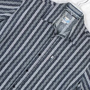 VTG BC Ethic Lounge Camp Shirt Mens L Black Gray Stripe Swingers Tiki Aloha USA